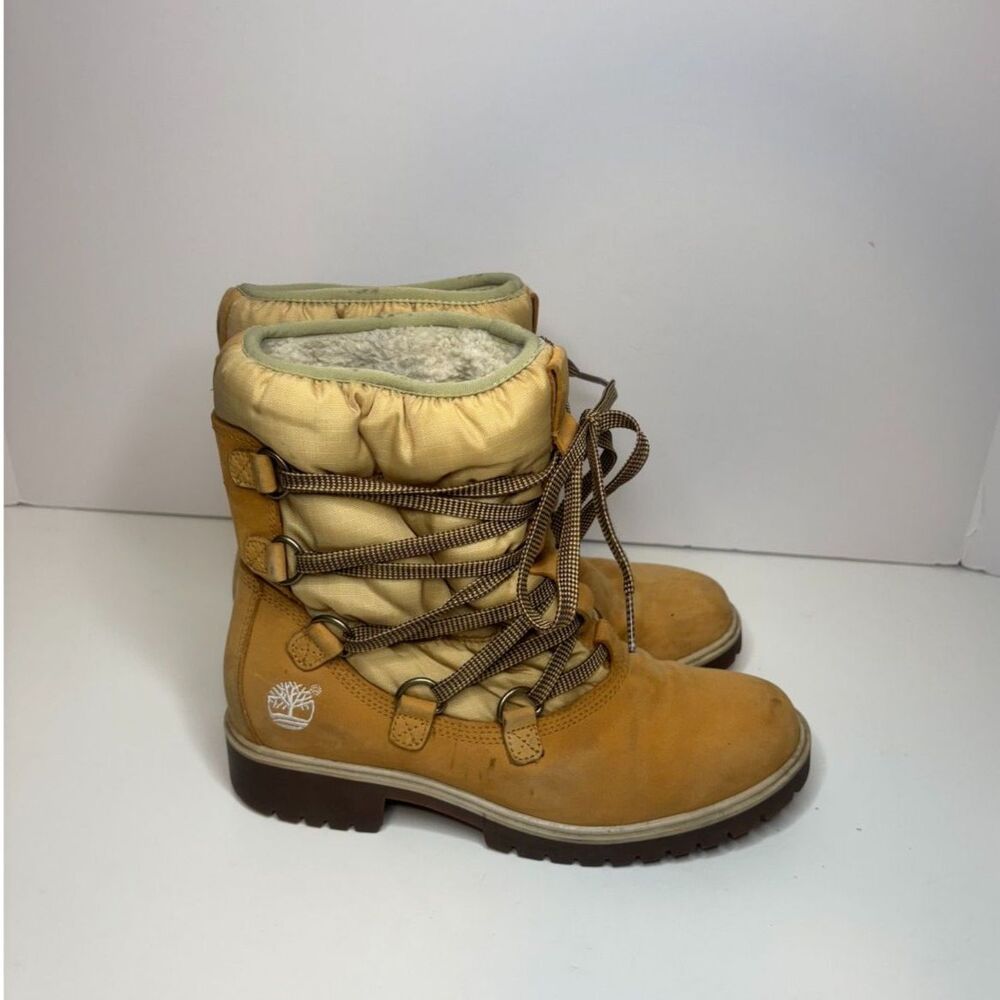 Timberland Puff Tan Winter Snow Fur Boots Lace Up Logo Womens Comfy